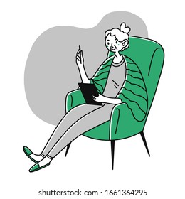 Grandma using tablet. Senior lady reading book on gadget screen flat vector illustration. Digital technology, communication concept for banner, website design or landing web page