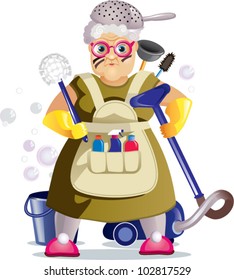 Grandma. The vector illustration of old woman at war against dirt.