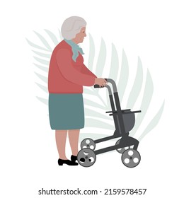 Grandma and walker. Old woman walking with rollator. Vector illustration