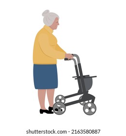 Grandma and walker. Old woman walking with rollator. Vector illustration