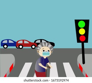 Grandma walking across the street and wearing a mask to prevent viruses, bacteria , PM2.5 and smoke dust.