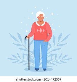 Grandma With Walking Cane. Retired, Older Woman In Casual Outfit With Stick. Vector Illustration