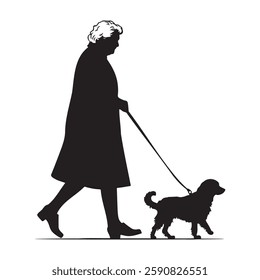 A grandma walking with a dog silhouette vector illustration