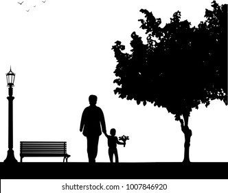 Grandma walks with a grandson with flowers in the park, one in the series of similar images silhouette