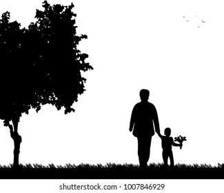 Grandma walks with a grandson with flowers in the park, one in the series of similar images silhouette