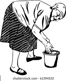 Grandma washes his hands in a bucket