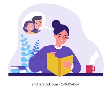 Grandma watching photo album and smiling. Happy senior woman reading book and imagining heroes flat vector illustration. Hobby and journal concept for banner, website design or landing web page