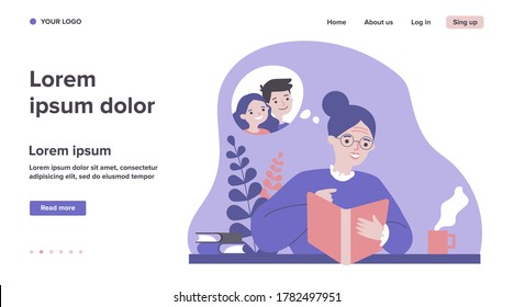 Grandma watching photo album and smiling. Happy senior woman reading book and imagining heroes flat vector illustration. Hobby and journal concept for banner, website design or landing web page
