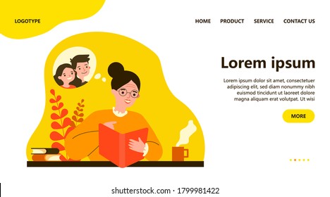 Grandma watching photo album and smiling. Happy senior woman reading book and imagining heroes flat vector illustration. Hobby and journal concept for banner, website design or landing web page