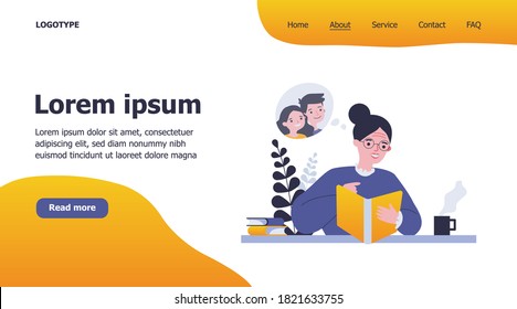 Grandma watching photo album and smiling. Happy senior woman reading book and imagining heroes flat vector illustration. Hobby and journal concept for banner, website design or landing web page