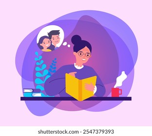 Grandma watching photo album and smiling. Happy senior woman reading book and imagining heroes flat vector illustration. Hobby and journal concept for banner, website design or landing web page