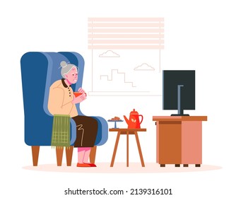 Grandma is watching TV at home with a cup of tea. Rest of the elderly. Vector illustration.