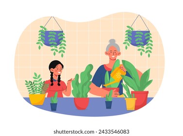 Grandma watering flowers. Grandmother with young girl near flowerpots. Care about plants. Gardening and horticulture, botany. Cartoon flat vector illustration isolated on white background