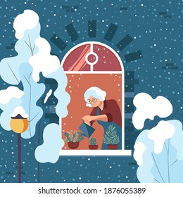 Grandma watering house plants on the windowsill. Winter time outside the window. Flat vector illustration