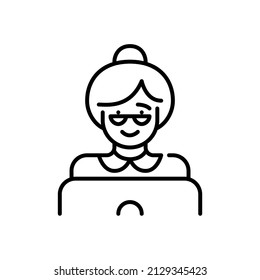 Grandma Wearing Glasses At A Laptop Browsing Internet Or Chatting. Senior Adult Woman. Pixel Perfect, Editable Stroke Icon