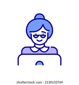 Grandma Wearing Glasses At A Laptop Browsing Internet Or Chatting. Senior Adult Woman. Pixel Perfect, Editable Stroke Color Icon