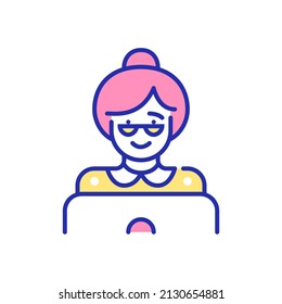 Grandma wearing glasses at a laptop browsing internet or chatting. Senior adult woman. Pixel perfect, editable stroke fun color icon