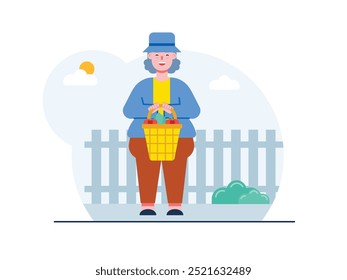 Grandma wearing a hat and carrying a bucket of vegetables, picking in her own garden. Character design. Vector flat illustration