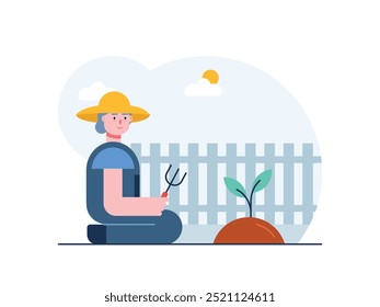 Grandma wearing a hat planting, farmer in the garden. Happy activity. Character design. Vector flat illustration