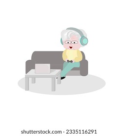 Grandma wearing headphones and playing computer games.Elderly people sitting on sofa at home talking using modern technology and wireless connection.Illustration on isolate.Aging society.Elderly day.