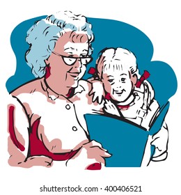 Grandma wearing old reading glasses reads a storybook to a young girl with ribboned ponytails