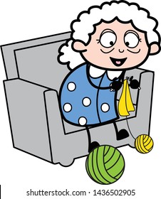 Grandma Weaving Wool - Old Woman Cartoon Granny Vector Illustration