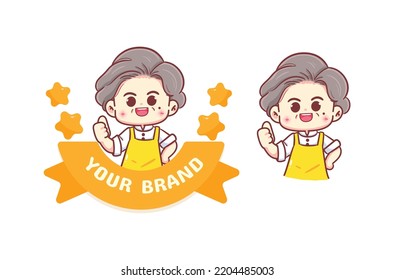 Grandma or woman chef showing thumbs up sign restaurant food logo hand drawn cartoon illustration