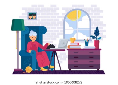 Grandma working on laptop device at home vector