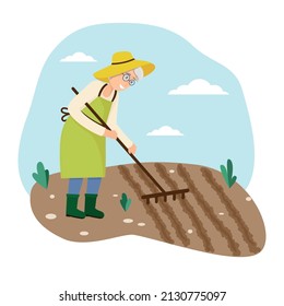 Grandma works in the garden, vector illustration