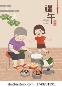 Grandma wrapping rice dumplings for holiday in kitchen with her grandchild, Dragon boat festival on May 5th and zongzi written in Chinese words