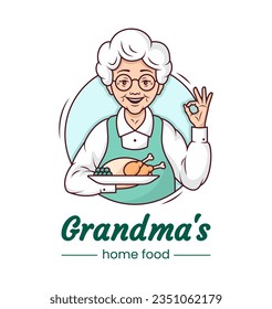 Grandma's cooking cafe logo, cute character cartoon design. Cheerful grandmother with a plate of appetising homemade food. Template. Vector line illustration.