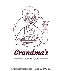 Grandmas cooking cafe logo, cute character cartoon design. Cheerful grandmother with a plate of appetising homemade food. Template. Vector line illustration