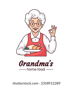 Grandmas cooking cafe logo, cute character cartoon design. Cheerful grandmother with a plate of appetising homemade food. Template. Vector line illustration