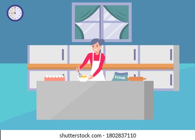 Grandma's cooking vector concept: old woman mixing the cake dough happily