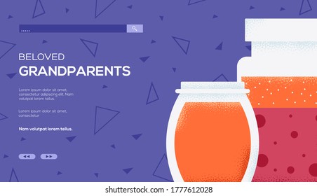 Grandma's jam concept flyer, web banner, ui header, enter site. Thin line icon style concept design. Grain texture and noise effect. 