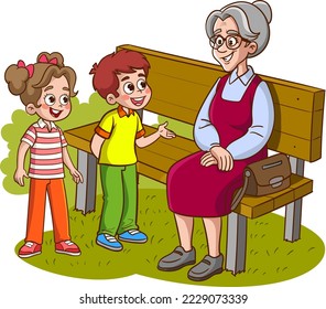 grandmather sitting on bench and grandchild cartoon vector