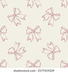Grandmilenial festive bows vector seamless pattern in retro vintage style for wallpaper background, fabric design, scrapbooking. Flat pink girly illustrations
