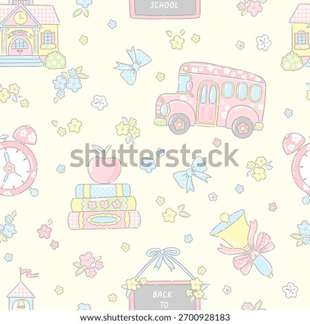 Grandmillennial Coquette School Seamless Pattern. Pastel Vintage School Bus, Books, and Floral Classroom Elements for Cute Academic Design