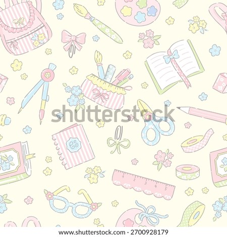 Grandmillennial Coquette Schoolcore Seamless Pattern. Pastel Vintage Classroom Supplies with Bows, Florals, and Stationery Elements