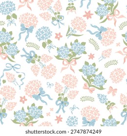 Grandmillennial hydrangea, bows ribbons seamless pattern in hand-drawn style. Vector retro summer garden flower on white background. Elegance wedding, botanical repeat print, textile design, wallpaper