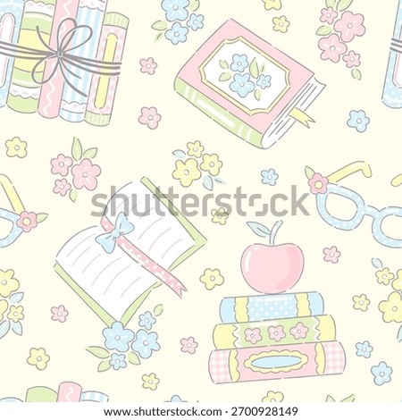 Grandmillennial School Seamless Pattern. Pastel Vintage Book and Apple Design with Floral Details
