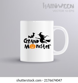 Grandmomster - fun lettering for halloween with witch, bat and pumpkin. Illustration with coffee mug mockup