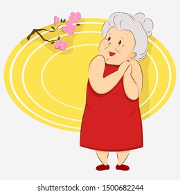 Grandmother admires sakura flowers. Day of Older Persons. October 1. woman on the nature. Vector illustration