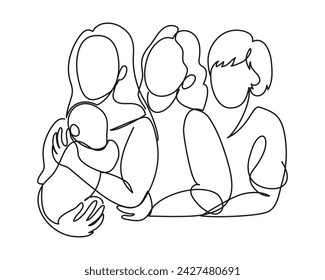 A grandmother, an adult daughter and a young granddaughter with a baby in her hands. The female generation in a family. Women of different ages together. Vector icon, logo, emblem, continuous line 