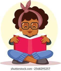 
Grandmother of African Ethnicity Reading a Novel Vector Cartoon. Cheerful granny feeling relaxed enjoying a book
