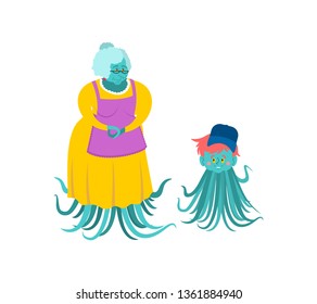 Grandmother Alien And Grandson. Green Grandma Tentacles. UFO Granny And Grandchild. Old Woman Extraterrestrial
