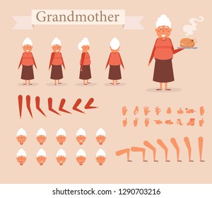 Grandmother for animation. Poses front, rear, side. Creation set. Collection of emotions. Vector. Cartoon. Isolated art on white background. Flat Different positions of hand