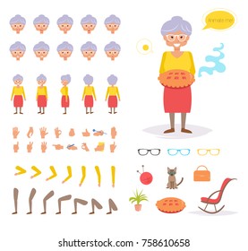 Grandmother for animation. Poses front, rear, side, three quarter. Creation set. Collection of emotions. Vector. Cartoon. Isolated art on white background. Flat. Different positions of the hands