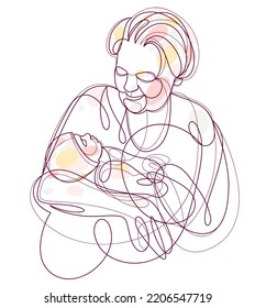 Grandmother and baby child grandson or granddaughter vector linear illustration isolated, grandma holding baby showing love and care.