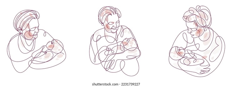 Grandmother and baby child grandson or granddaughter vector linear illustration isolated, grandma holding baby showing love and care.